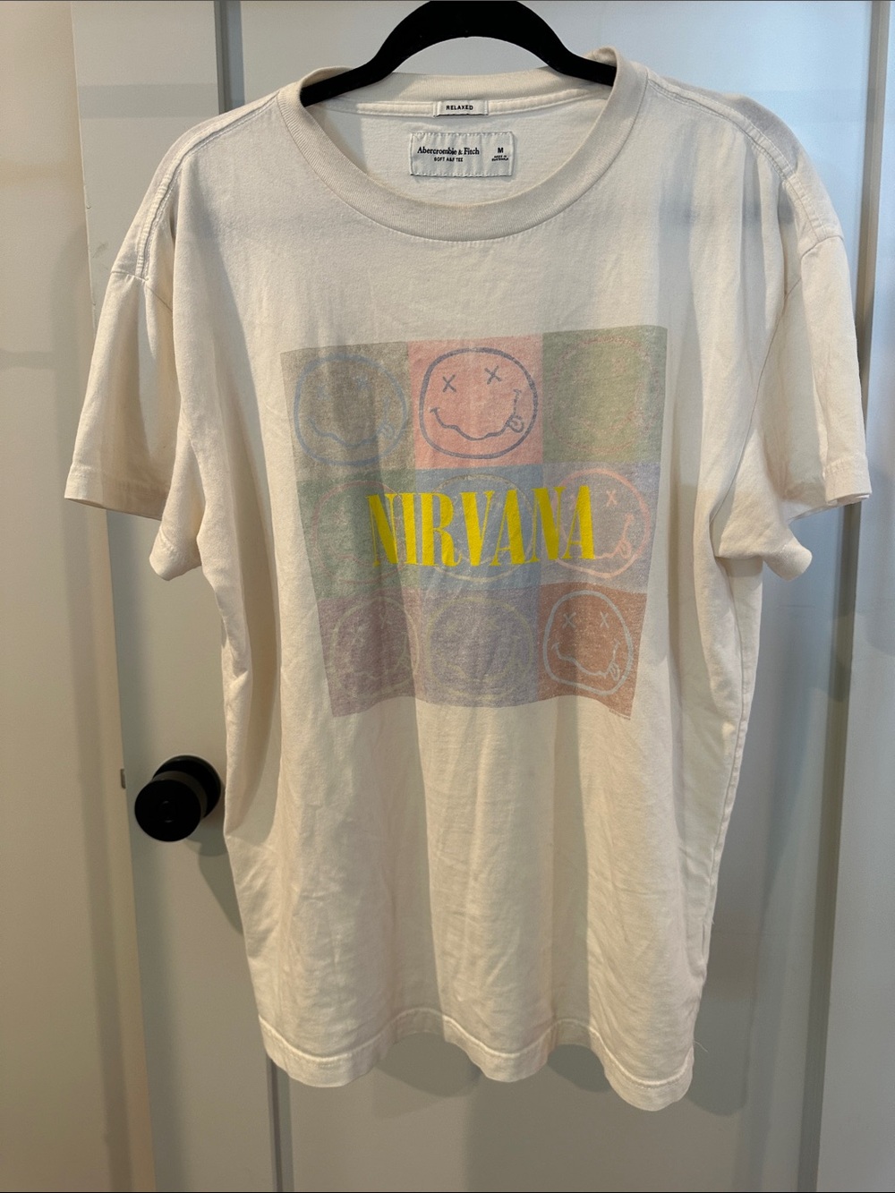 Abercrombie & Fitch White Nirvana Smiley Grid Tee